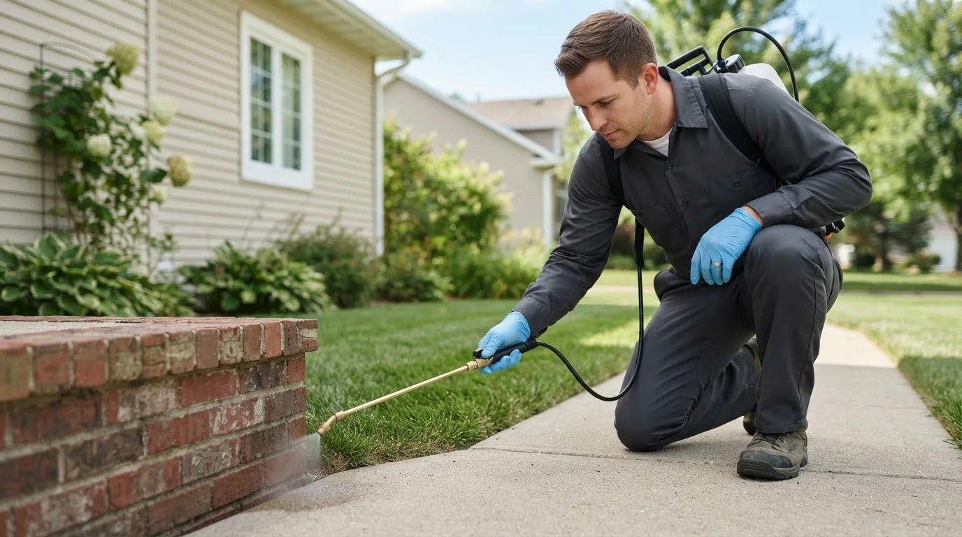 Pest control technician treating a home near Wadena, IA