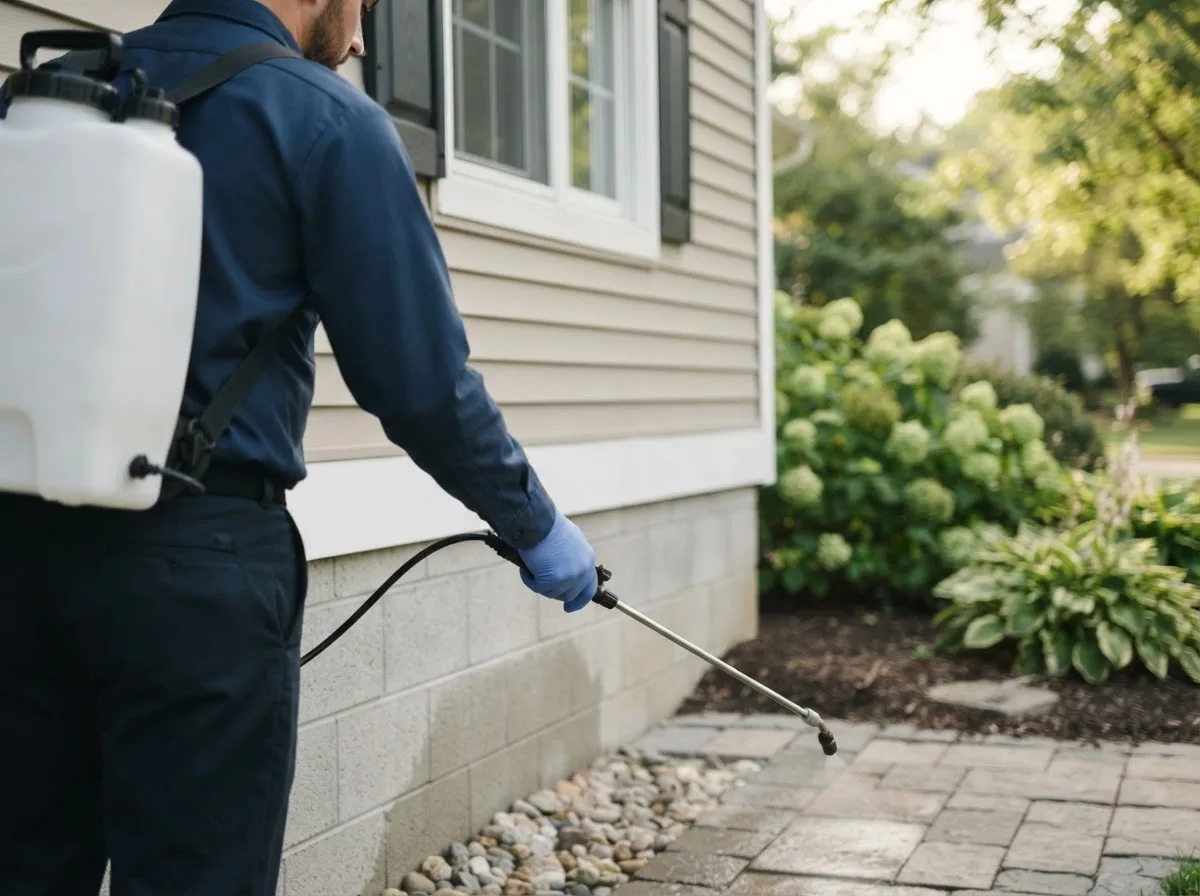 Pest control technician inspecting a home in Wadena, IA